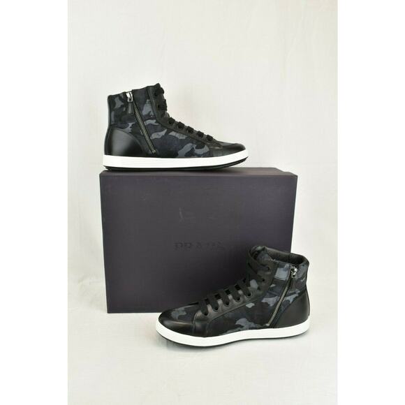 PRADA 4T2842 CAMOUFLAGE FABRIC BLACK BLUE LOGO LACE UP ZIP SNEAKERS 7 US 8 - Picture 2 of 12